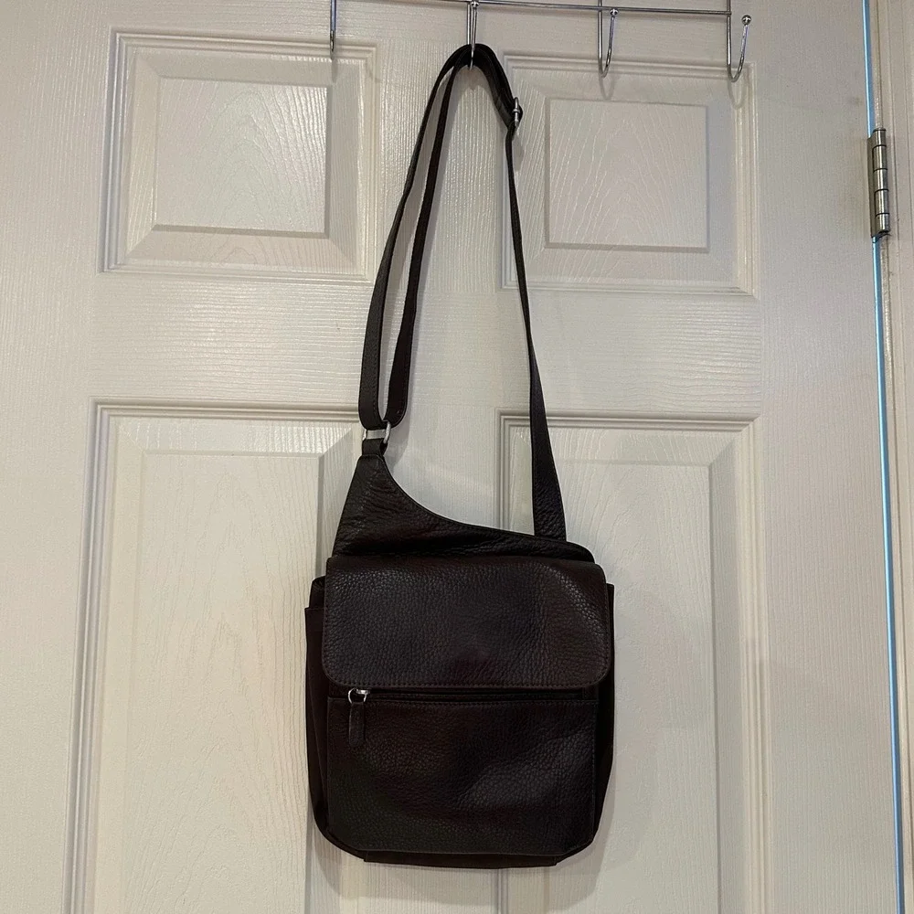 Fossil Dark Brown Pebbled Leather Crossbody Bag Organizer Messenger Purse